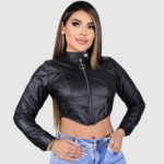 chaqueta cuerina mujer Colombia, chaqueta crop cuerina, chaqueta negra corta mujer, chaqueta estilo moto cuerina