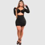 vestido sexy mujer Colombia, vestido con abertura en abdomen, vestido manga larga fiesta, vestido elegante corto, vestido ceñido colombiano